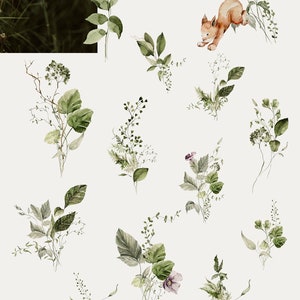 Op de afbeelding: Een verzameling aquarel illustraties van groene bladeren en takken. De illustraties zijn perfect om een vleugje natuur aan je ontwerpen toe te voegen.