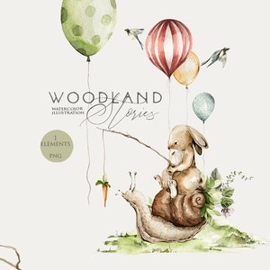 Baby bunny clipart Aquarel schattige dieren Aquarel konijn slak ballon Woodland verjaardagsfeestje Kwekerij print Baby boy clip art Pasgeboren