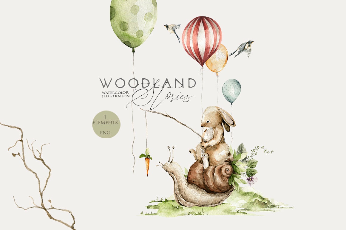 Baby bunny clipart Watercolor cute animals Watercolour rabbit snail balloon Woodland birthday party Nursery print Baby boy clip art Newborn