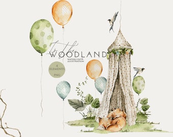 Woodland animals clipart Baby girl clipart Watercolor sleeping fox balloons Forest cute animals Water color nursery clip art Woodland babies