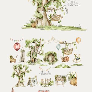 May include: Watercolour illustrations of a whimsical woodland scene with a large tree, a tent, a rocking horse, a small cart, a fence, a pond, a swing set, a hot air balloon, a treehouse, a door, and a rocking chair. The text "little woodland" is written in the top right corner of the image. The text "watercolor elements" is written in the bottom centre of the image.