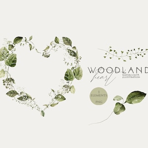 Aquarela floral coração Greenery wreath clip art Woodland clipart Moldura de folhas de campo Borda de folhagem em aquarela Ervas de folhas verdes digitais Png