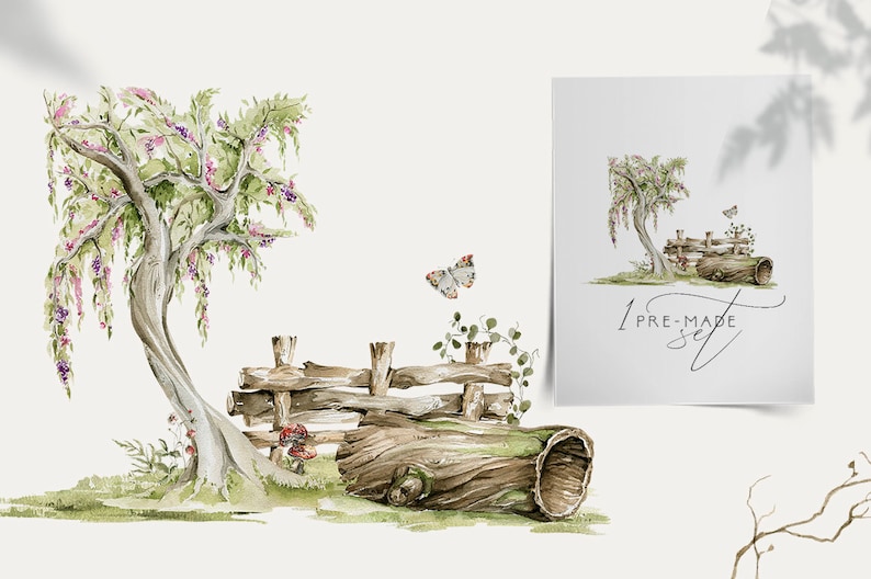 Puede incluir: Ilustraci&oacute;n de acuarela de una escena de bosque caprichosa con un sauce llor&oacute;n, una valla de madera, un tronco y una mariposa. La escena est&aacute; pintada en tonos de verde, marr&oacute;n y morado.