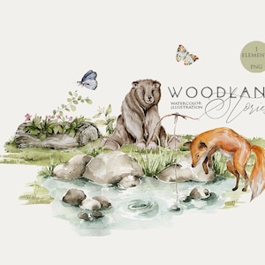 Woodland animals clipart Cute bear fox Watercolor baby animal Forest animals Nursery clipart Woodland babies Woodland birthday Baby shower