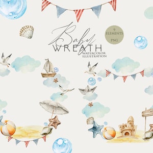 Baby Rahmen Clipart nautische Baby Junge Kranz Aquarell Wolken Spielzeug Girlande Meer Baby-Dusche Unterwasser einladen Kinderzimmer Dekor Printable Png
