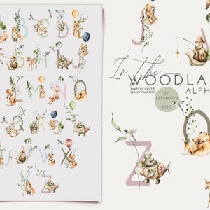 Woodland baby alphabet Baby girl clipart Nursery letters numbers Cute woodland animals Watercolor bear fox bunny Baby font Kids poster Png