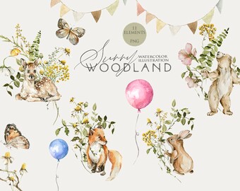 Woodland animals clipart Forest floral bouquet Watercolor bunny bear fox Birthday balloons Nursery clipart Woodland birthday Baby shower Png