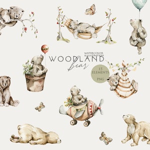Woodland animals Bear clipart Watercolour forest animal Baby boy clip art Woodland nursery decor Baby shower invite Water color bear Png