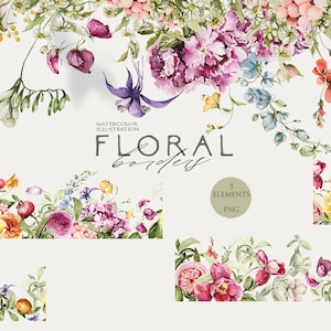 Borde floral clipart ramo de acuarela flores de campo clip art marco de flores silvestres vegetación tarjeta de boda arreglo de hojas verdes follaje PNG