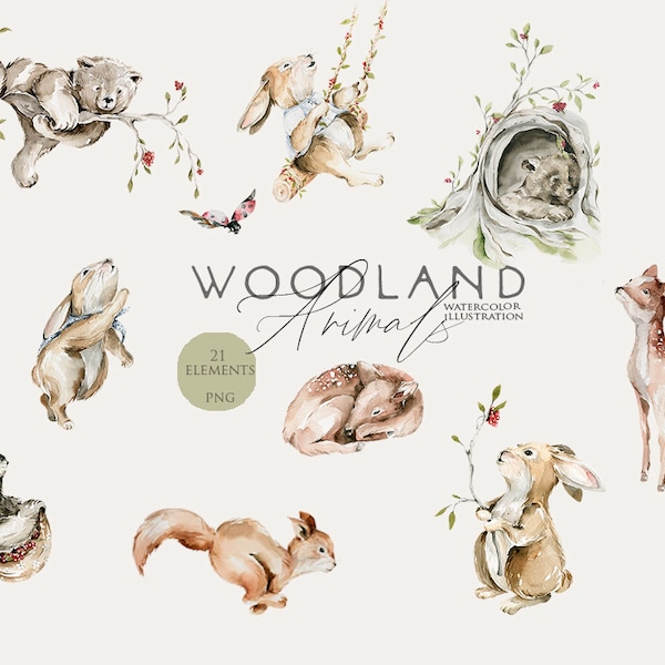 Woodland animals clipart Cute baby animals Nursery art decor Woodland aby shower Woodland babies Woodland birthday party Bear Bunny Deer