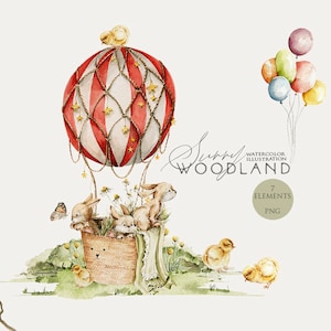 Wald Clipart niedliche Hasen Küken Aquarell Baby Tiere Heißluftballons Kaninchen Hasen Baby Mädchen ClipArt Wald Baby-Dusche einladen