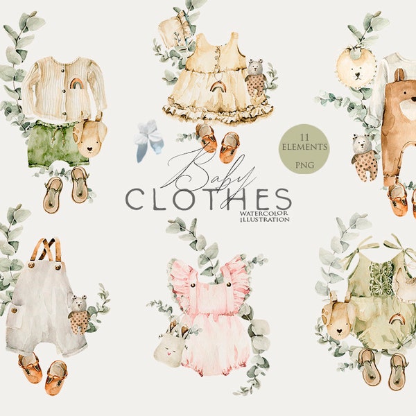 Baby clothes clipart Girl dresses Boho nursery clip art Boho baby shower Neutral eco Watercolor kids print Newborn Beige baby decor Png