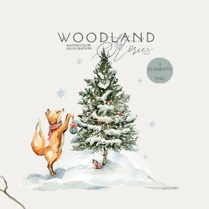 Animaux des bois Fox clipart Forêt de Noël Aquarelle animal Hiver bois Aquarelle renard Pépinière clip art Arbre de Noël Carte de vacances