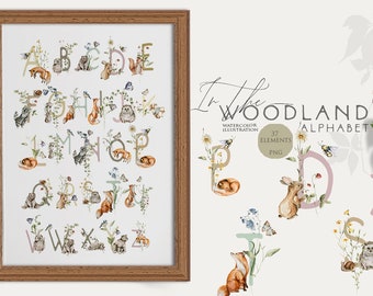 Woodland alphabet Сute animals letters Fox bear bunny clipart Woodland numbers Watercolor woodland Nursery font Woodland baby shower