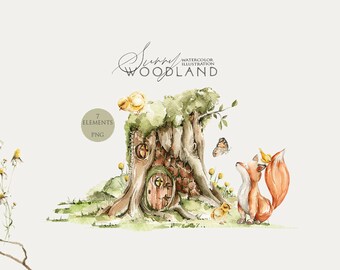 Woodland clipart renard aquarelle animaux de la forêt aquarelle mignon bébé pépinière clip art Woodland baby shower bébé fille garçon Treehouse Png