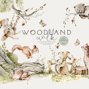 May include: Watercolour illustration of a woodland scene with a variety of animals, including a bear, deer, squirrel, and rabbits. The illustration features a tree with a small house in the trunk, a fence, and a variety of flowers and leaves. The text "WOODLAND walk" is written in the centre of the image.
