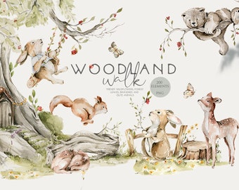Woodland clipart Woodland bébé animaux Nursery art Baby shower décor Woodland bébés Woodland anniversaire Ours mignon Bunny Fox Nouveau-né clip art