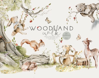 Woodland clipart Woodland bébé animaux Nursery art Baby shower décor Woodland bébés Woodland anniversaire Ours mignon Bunny Fox Nouveau-né clip art