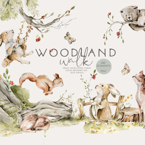 Woodland clipart Woodland baby animals Nursery art Baby shower decor Woodland babies Woodland birthday Cute bear Bunny Fox Newborn clip art