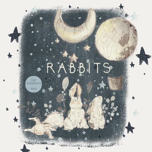 Hase Clipart, Weihnachten 2023, Babyparty, Süße Hasen, Babytiere, Kinderzimmer Hasen, Hasenkunst, Mond, Sterne, Nacht, Digital PNG