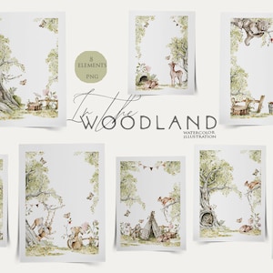 Clipart des bois Aquarelle bébé animaux Décoration d’art de pépinière Fête d’anniversaire Woodland Carte de douche de bébé Bébés des bois Ours mignon Lapin Écureuil