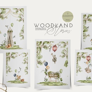 Wald Poster Clipart Aquarell Baby Fuchs Bär Hase Ballons Wiege Niedliche Tiere Clipart Woodland Geburtstagsparty Babyparty Karte