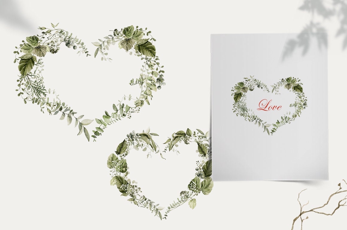Floral Heart Watercolor Greenery Clipart Floral Wreath Clip Art Field ...