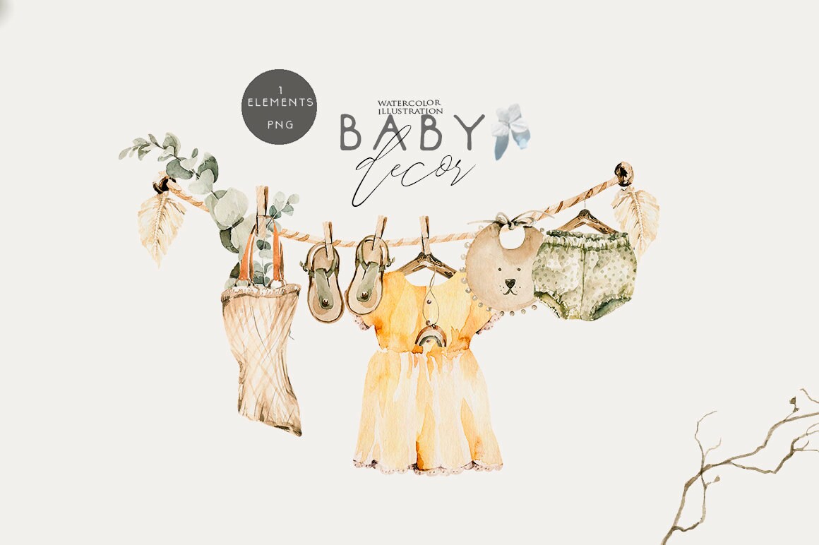 Girl clothes clipart Watercolor boho nursery Baby girl dresses Boho room interior Baby shower invite Neutral kids print Newborn Birthday Png