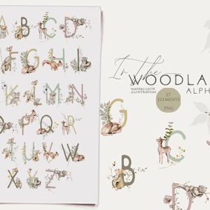 Imágenes Prediseñadas del alfabeto del bosque Animales del bebé Números de letras del bosque Acuarela del bosque bebés Fuente del vivero Fiesta de cumpleaños del bosque Cartel de los niños