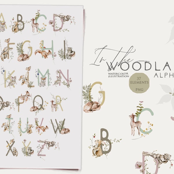 Woodland alphabet clipart Baby animals Woodland letters numbers Watercolor woodland babies Nursery font Woodland birthday party Kids poster