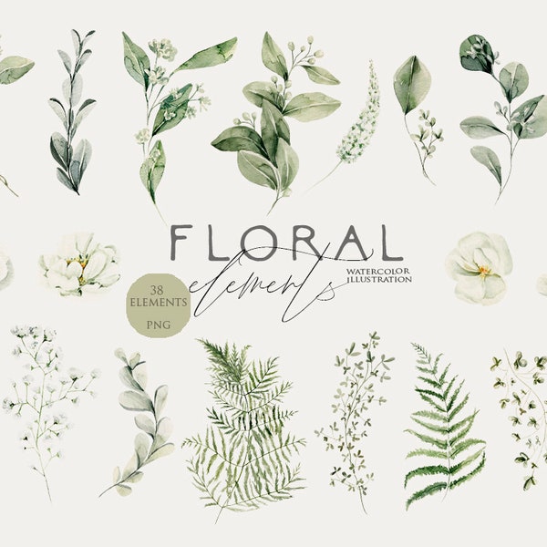 Clipart de verdure aquarelle, Clipart floral, Feuilles vertes png, Clipart de feuillage, Éléments botaniques, Feuille, Conception de carte de mariage, Numérique