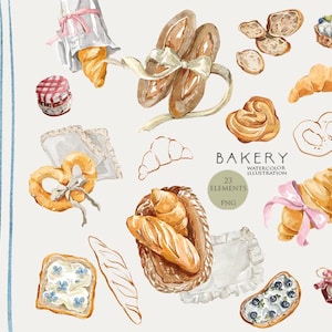 Op de afbeelding: Waterverfillustratie van diverse bakkerijproducten, waaronder croissants, brood, pretzels en gebak. De afbeelding toont een broodmand, een pot jam en het woord "Bakery".