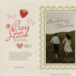 Könnte beinhalten: Ein digitales Kunstwerk mit Kreuzstichrahmen. Das Design umfasst ein gerahmtes Foto eines Paares, dekorative Elemente wie eine Erdbeere, eine Schleife und Rosen sowie den Text "Cross Stitch frames".