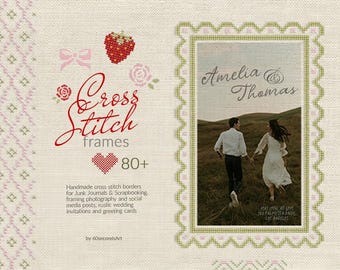 Cross Stitch Frames Clipart, Digital Embroidery Borders, Cottagecore Junk Journal Elements, Rustic Scrapbooking Overlays, 80+ PNG