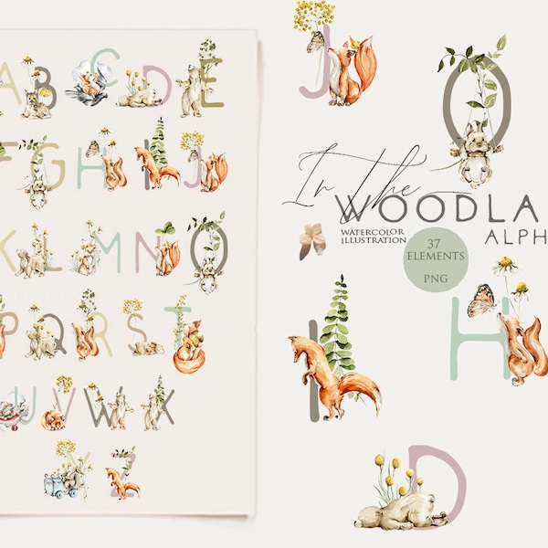 Woodland animals Baby alphabet clipart Woodland letters numbers Baby girl clip art Nursery decor Woodland birthday party Kids poster Png