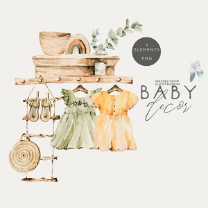 Babykleding clipart Aquarel meisje jurken Boho kwekerij clip art Boho kamer decor Babydouche uitnodigen Neutrale kinderen afdrukken Pasgeboren baby Png