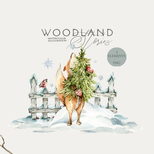 Animaux de Noël des bois Fox clipart Aquarelle animaux de la forêt Hiver bois Baby shower Pépinière clip art Arbre de Noël Carte de vacances