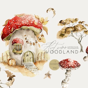 Puede incluir: Ilustración de acuarela de una casa de hongo con un techo de hongo rojo y blanco, una pequeña ventana y una puerta verde. La casa está rodeada de hojas de otoño y un pequeño árbol. El texto "Autumn Woodland" está escrito en cursiva.
