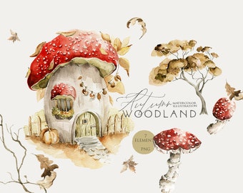 Paddenstoelenhuis clipart aquarel herfstbos herfstbladeren boom aquarel gezellig huis herfstbos babyhuis bos babyshower png