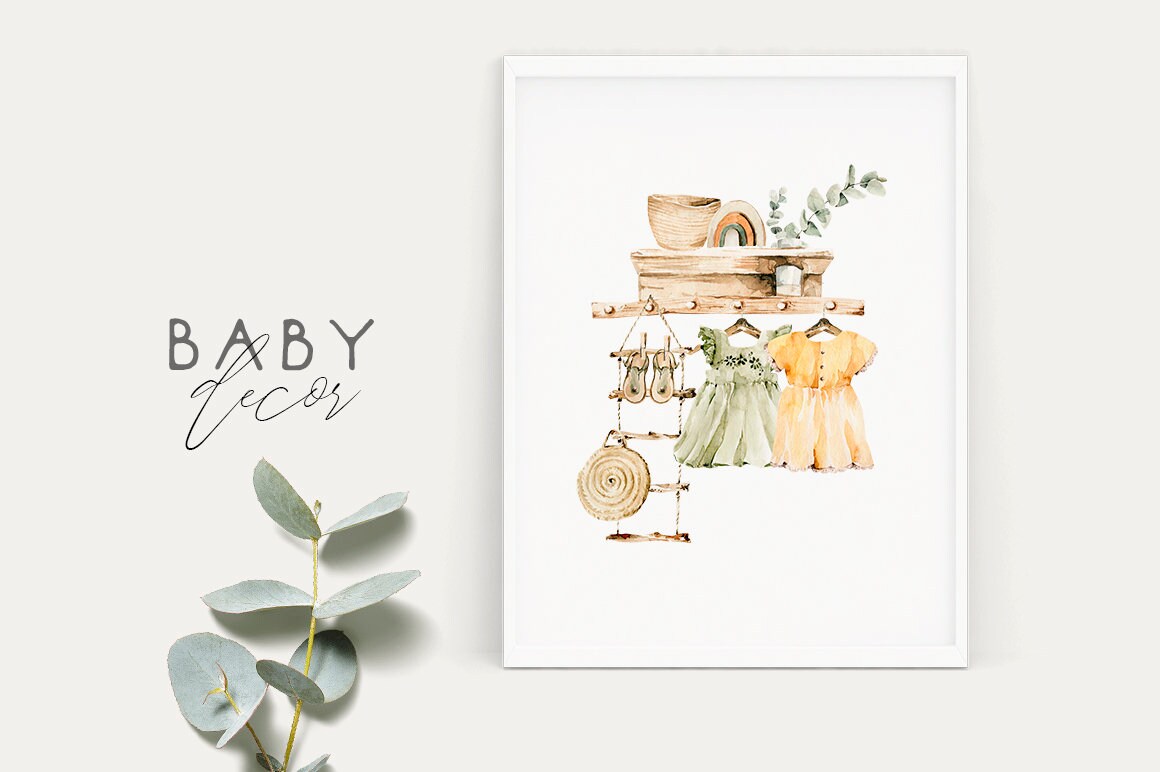 Baby Clothes Clipart Watercolor Girl Dresses Boho Nursery Clip Art Boho ...