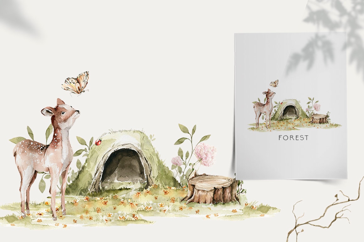 Woodland Clipart Watercolor Baby Animals Woodland Nursery Decor Cute ...