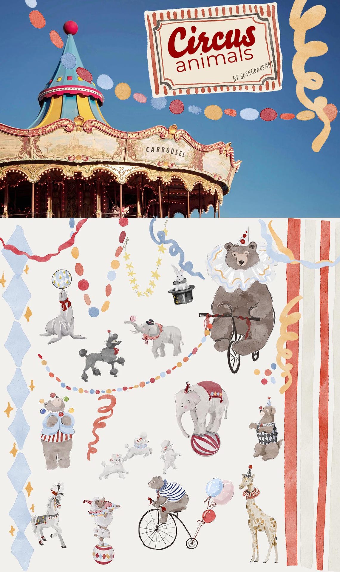 Circus Animals Watercolor Clipart Vintage Carnival Bear Elephant Poodle ...