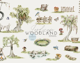 Woodland clipart Watercolor woodland landscape Woodland nursery decor Baby shower invite Water color forest tree Baby girl clip artPng