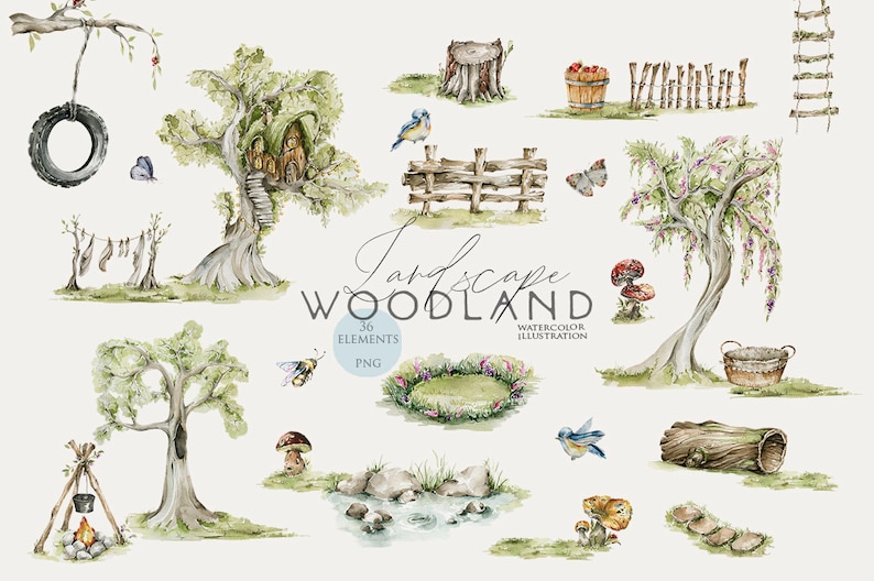 Puede incluir: Ilustraciones de acuarela de un paisaje de bosque con 36 elementos. Las ilustraciones incluyen &aacute;rboles, una casa en el &aacute;rbol, una cerca, un estanque, hongos, una abeja, p&aacute;jaros, un columpio de neum&aacute;tico, una escalera, un tronco, una fogata y una cesta.
