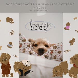 Funny dogs clipart Seamless patterns Cute puppies Baby animals Nursery clip art Digital paper pack Kids print Wall art decor Digital PNG