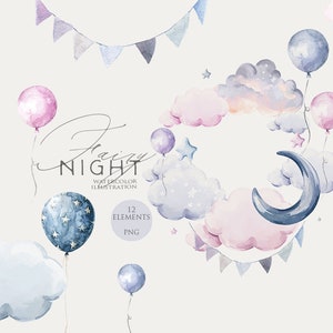 Baby wolken krans aquarel maan en sterren frame pasgeboren clip art babyshower clipart nachtelijke hemel wolken kinderkamer inrichting kinderposters