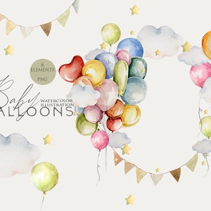 Eerste verjaardag clipart Aquarel ballonnen frame Baby meisje illustraties Digitale krans Sterren wolken Babydouche uitnodigen Verjaardagsuitnodiging Png