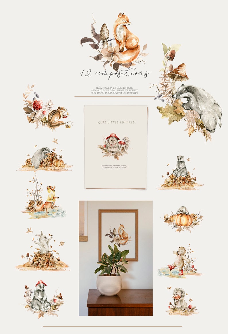 Woodland Autumn Clipart Fall Forest Cute Baby Animals Bear Bunny Fox ...