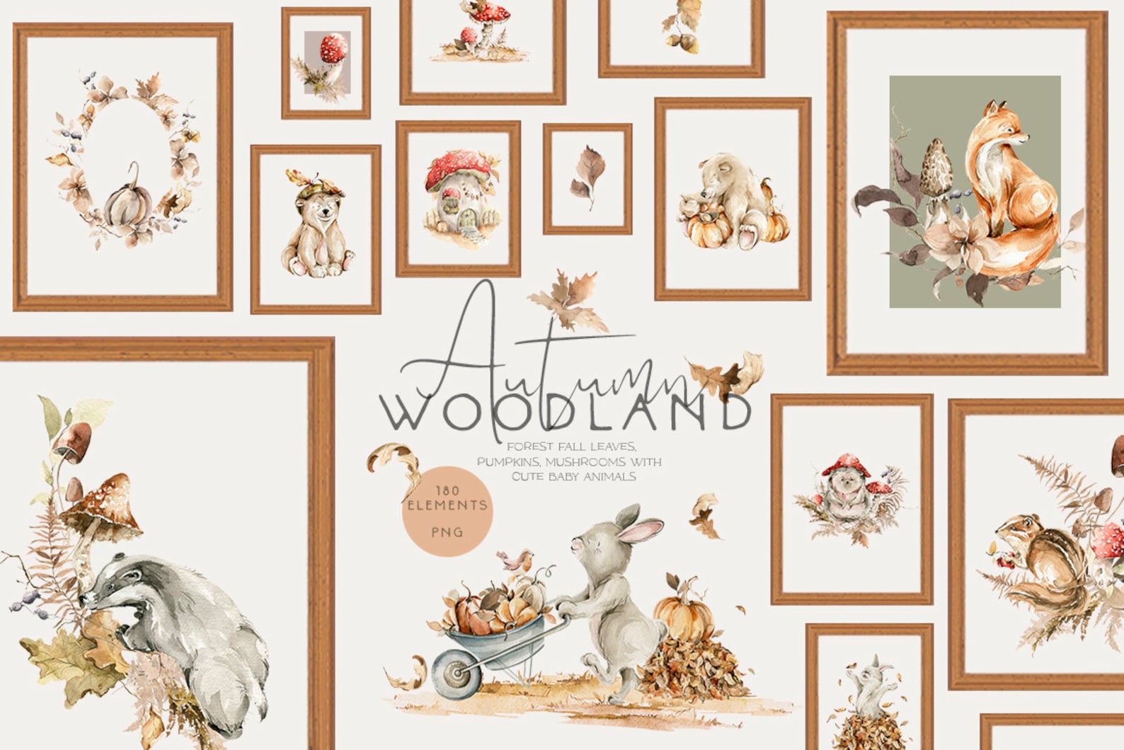 Woodland Autumn Clipart Fall Forest Cute Baby Animals Bear Bunny Fox ...