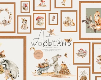 Woodland autumn clipart Fall forest Cute baby animals Bear Bunny Fox Squirrel Pumpkins Mushroom Watercolor nursery clip art Digital Png